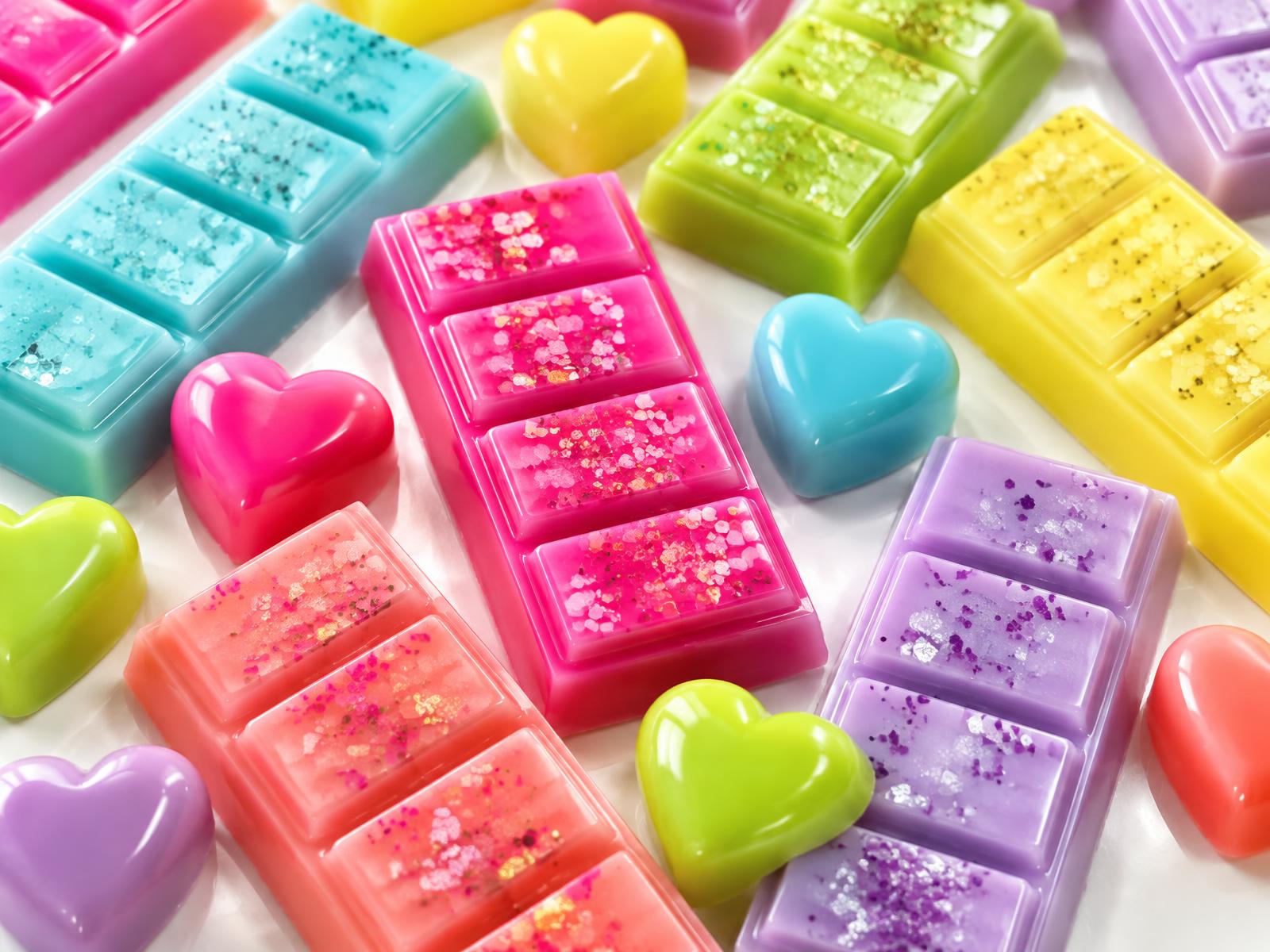 Colourful glossy wax melt snap bars and hearts